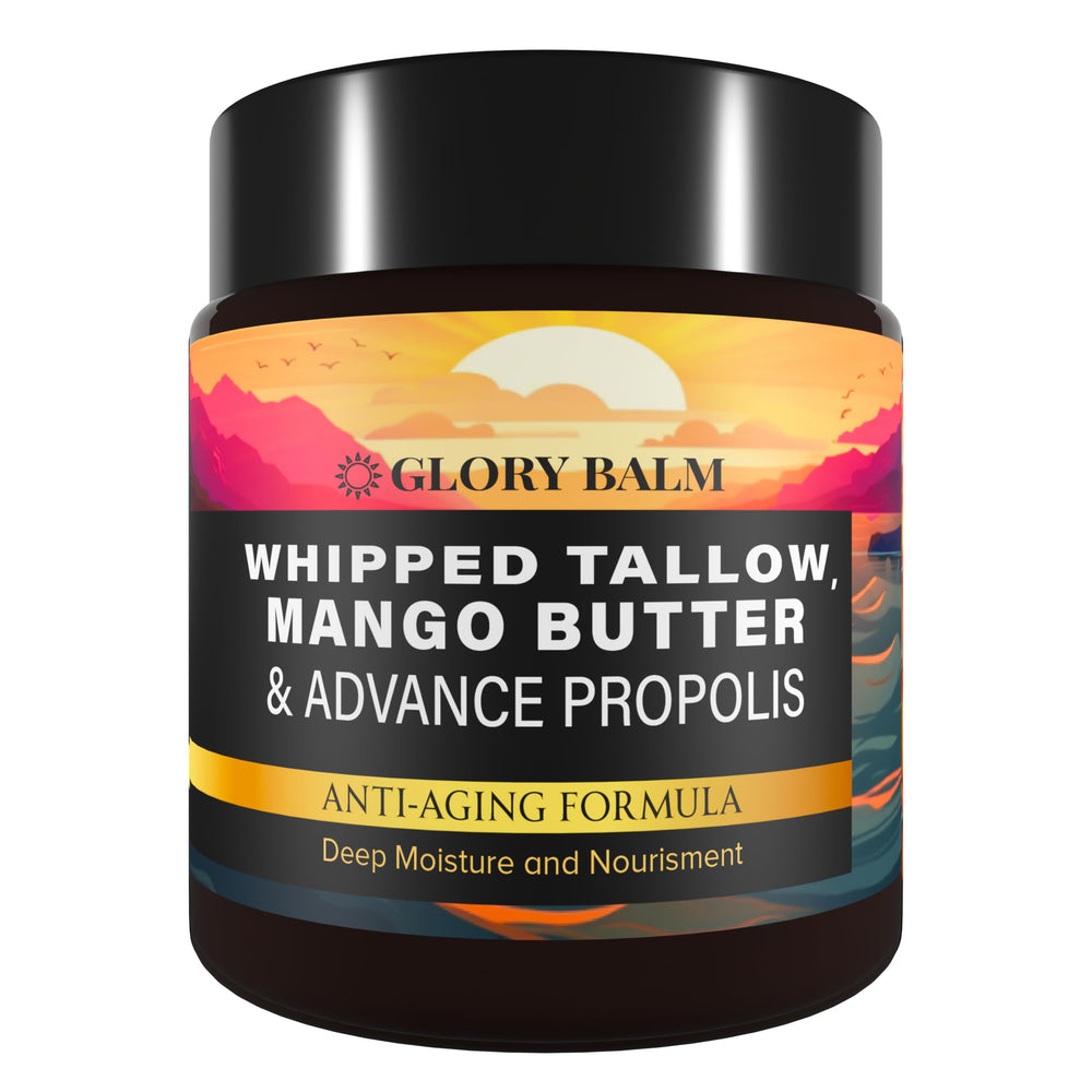 Glory Balm whipped tallow bottle pour shows long lasting moisture for daily skin care