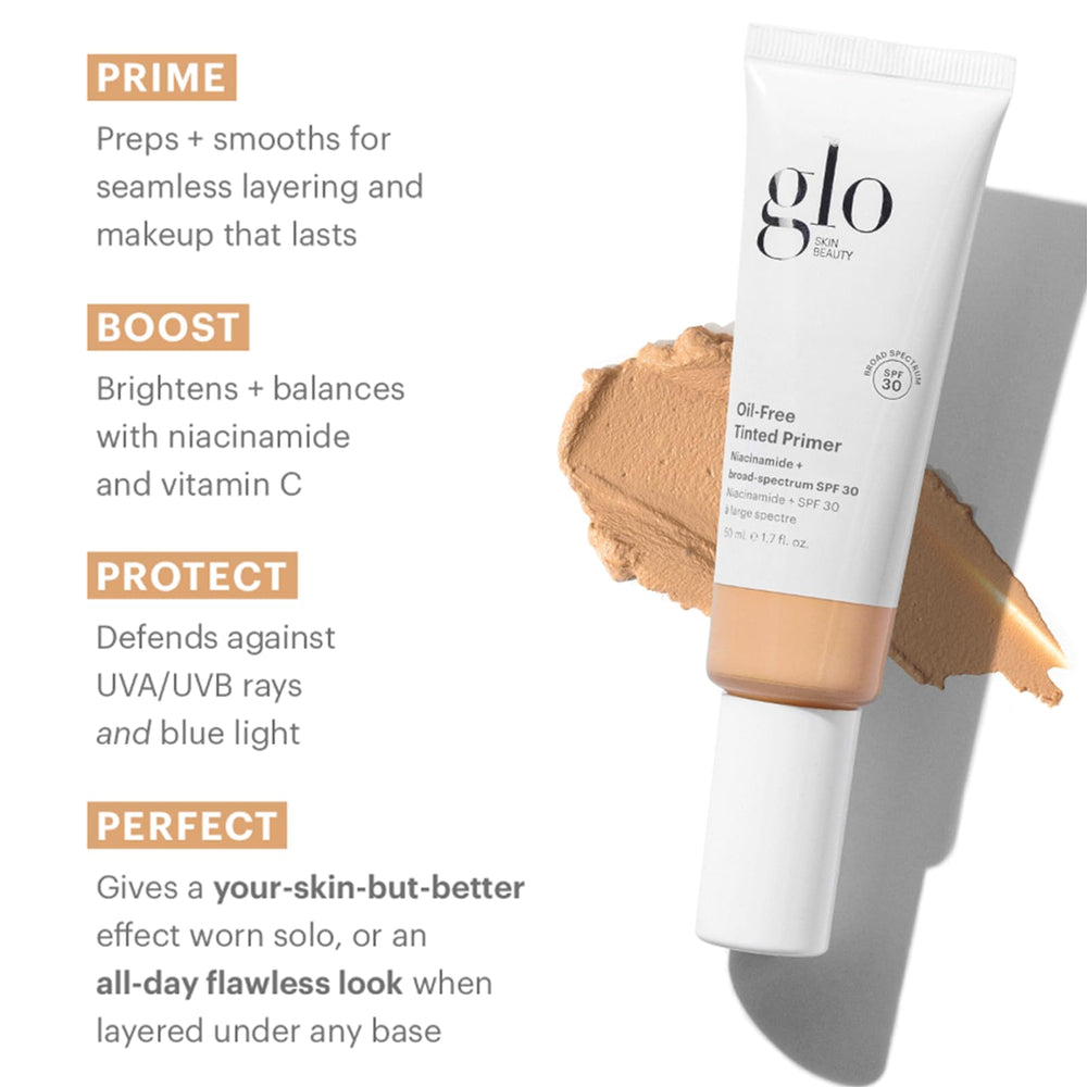 Glo Skin Beauty SPF 30 label on primer bottle for sun protection