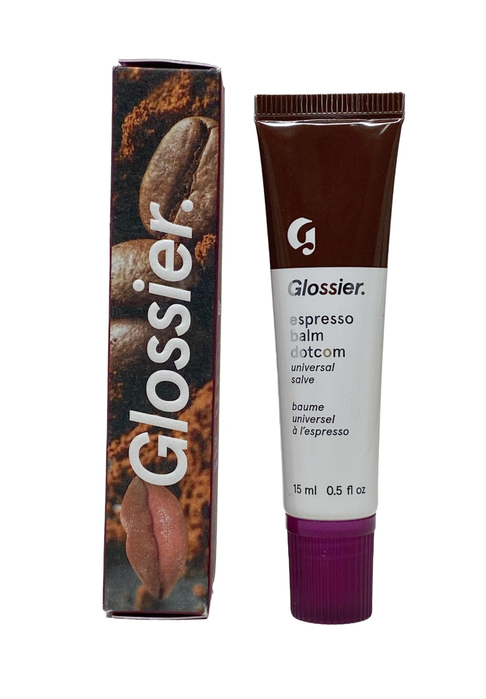 Glossier Balm Dotcom Espresso closeup showing rich espresso tint and subtle sheen for lips.
