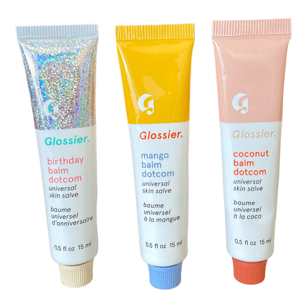 Glossier Balm DotCom Mango lip balm with peachy tint and mango scent for subtle glow.