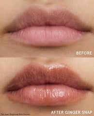 Glossier Balm Dotcom Gingersnap applied directly to lips for targeted relief.