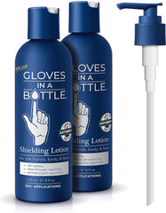 Gloves In A Bottle shielding lotion dispenser showing protective barrier on hands.
