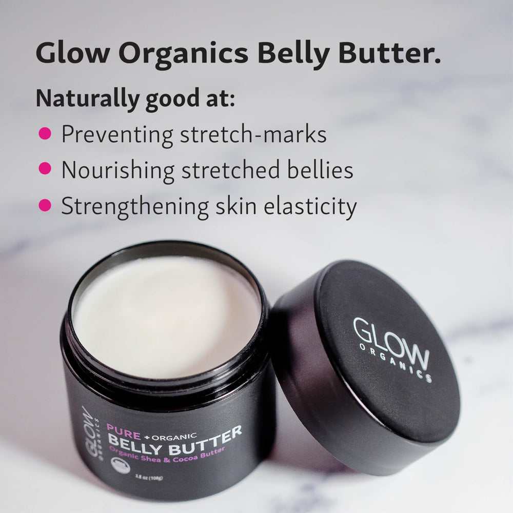 Glow Organics Belly Butter ingredients close-up with shea and cocoa butter