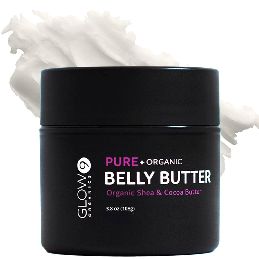 Glow Organics Belly Butter jar close-up shows whipped texture for quick absorption