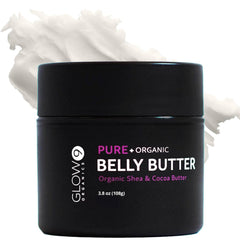 Glow Organics Belly Butter jar close-up shows whipped texture for quick absorption