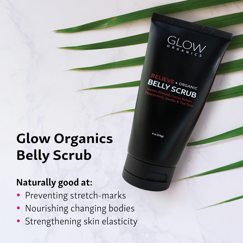 Vanilla and peppermint scent notes on Glow Organics belly scrub label.