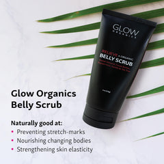 Vanilla and peppermint scent notes on Glow Organics belly scrub label.