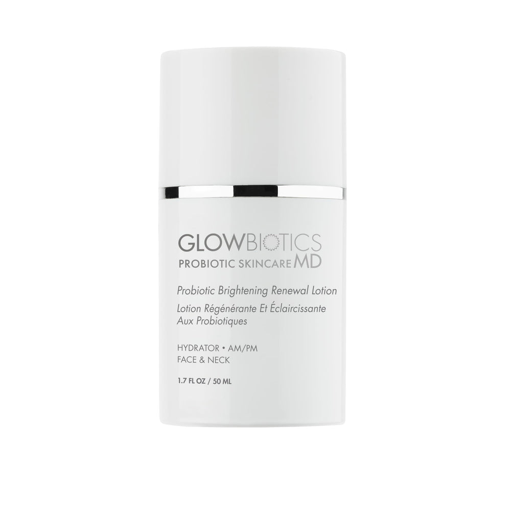 Glowbiotics Brightening Renewal Lotion bottle showcases a lightweight texture for daily hydration