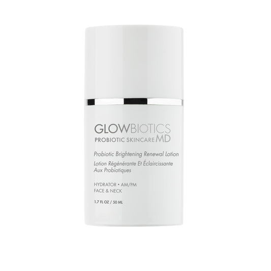 Glowbiotics Brightening Renewal Lotion bottle showcases a lightweight texture for daily hydration