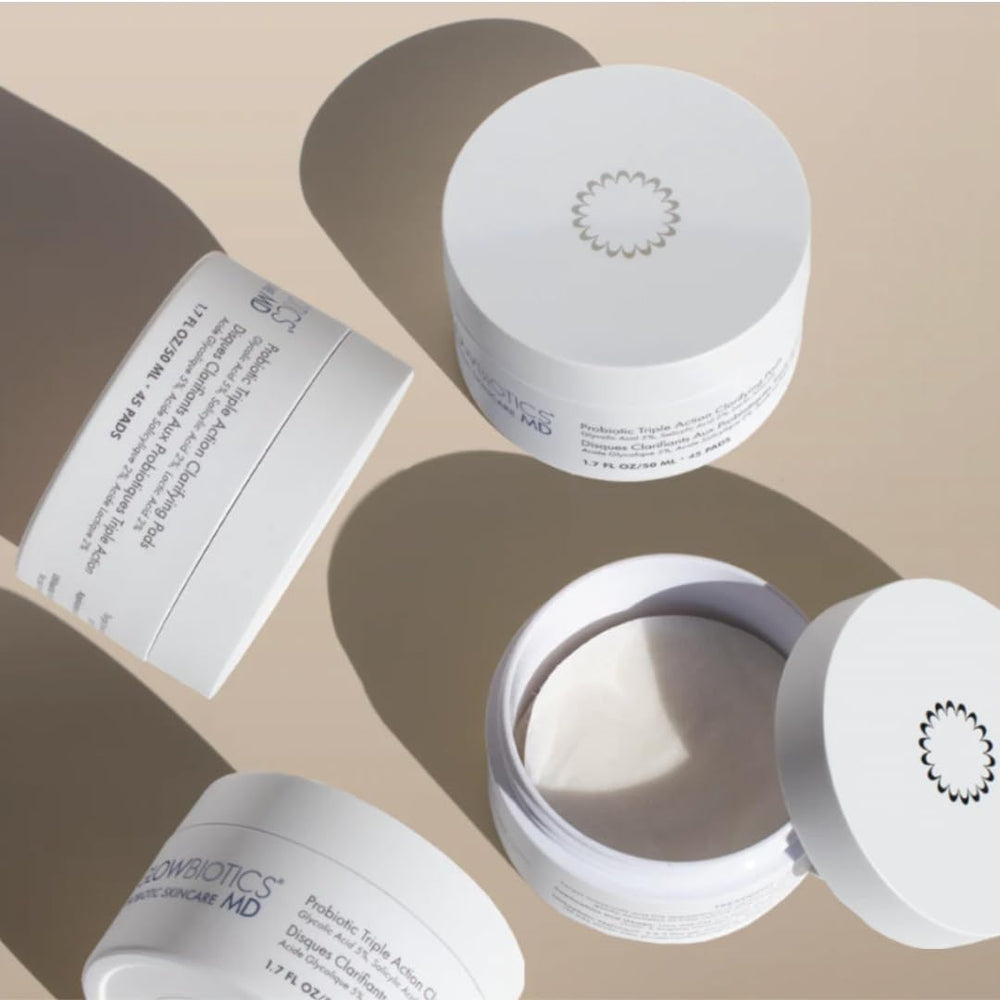 Glowbiotics Clarifying Pads ingredients panel emphasizing 5% Glycolic and 2% Salicylic for exfoliation.