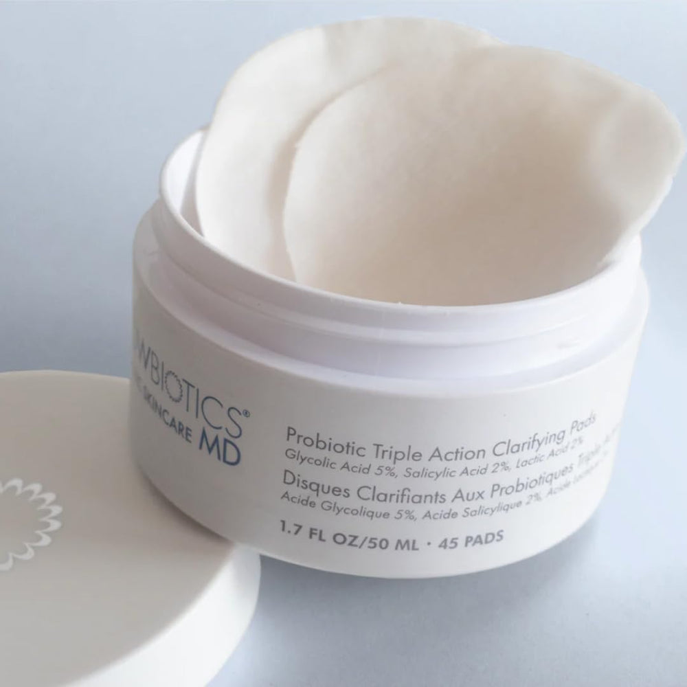 Glowbiotics Clarifying Pads probiotic balance graphic highlighting barrier-supporting science.
