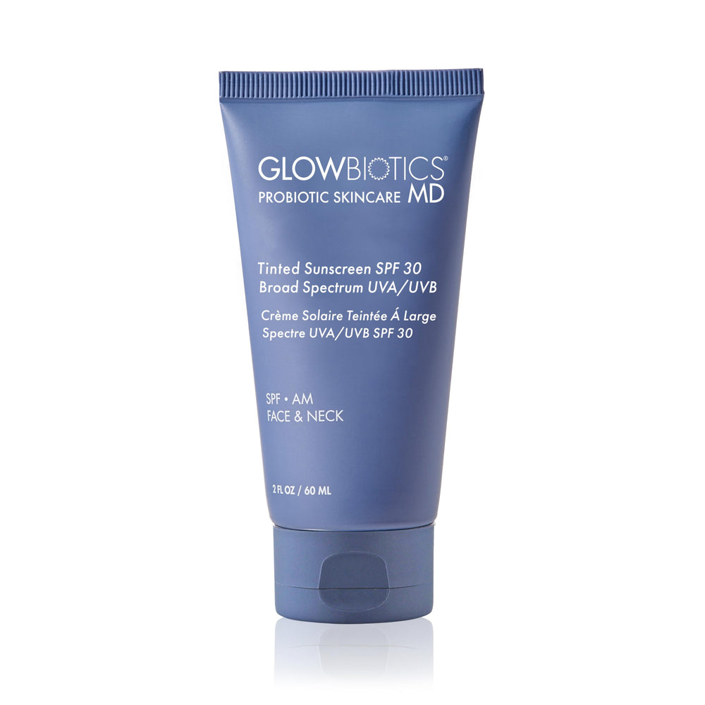 Glowbiotics tinted reef-safe sunscreen bottle with mineral SPF for daily protection.