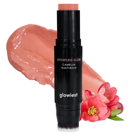 Glowiest Camellia Multi-Balm dusty rose stick for natural cheek and lip flush.