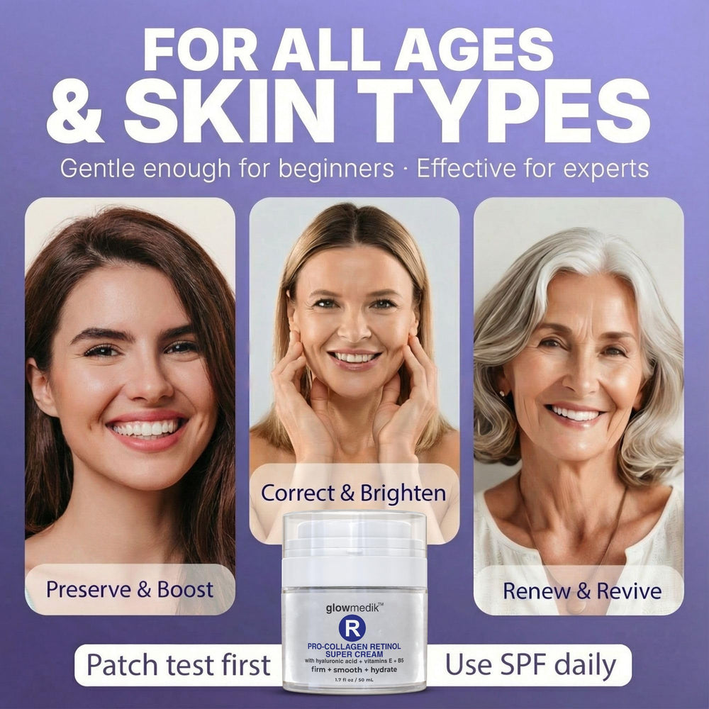 Glowmedik Pro-Collagen Retinol Cream with jojoba and wheat germ oils nourishes skin.