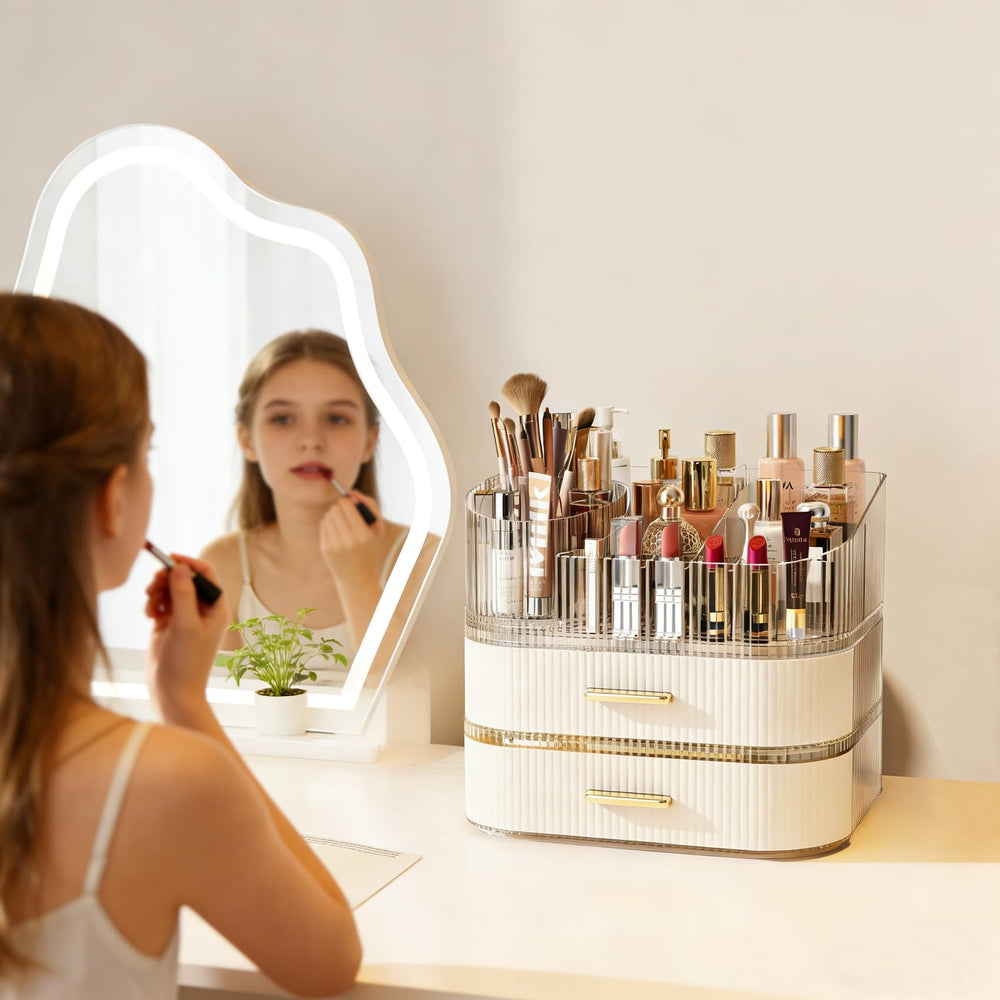 Glowspire makeup organizer with non-slip base saves space and prevents slipping on the countertop.