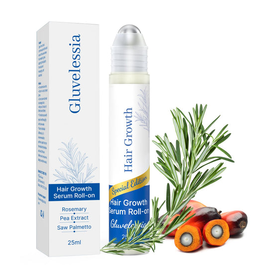 Gluvelessia Hair Growth Serum Roll-On Rosemary bottle for targeted thinning areas.