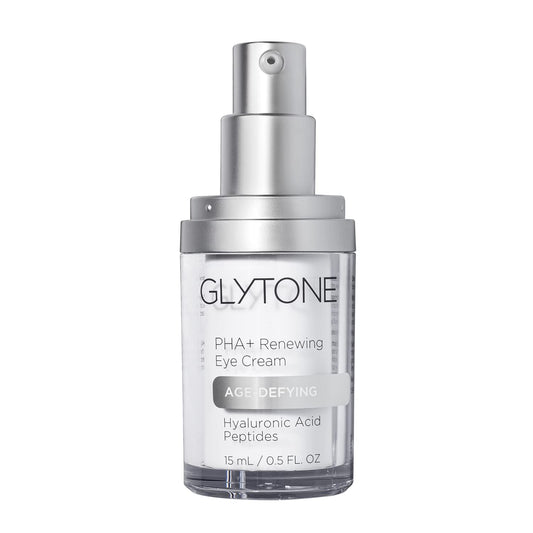 Glytone eye cream tube close-up showing smooth texture for brighter under-eye skin.