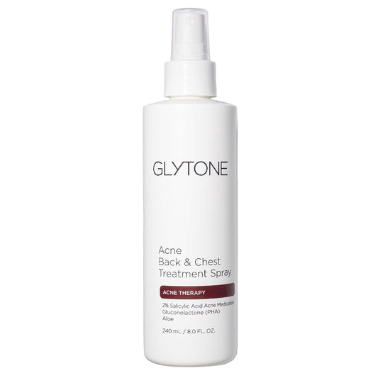 GLYTONE bacne spray with upside-down pump for easy reach and application.