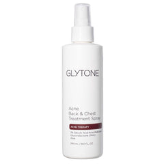 GLYTONE bacne spray with upside-down pump for easy reach and application.