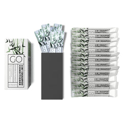 Go Essentials 2-in-1 travel shampoo and conditioner packets – front view, ideal for hotel amenities