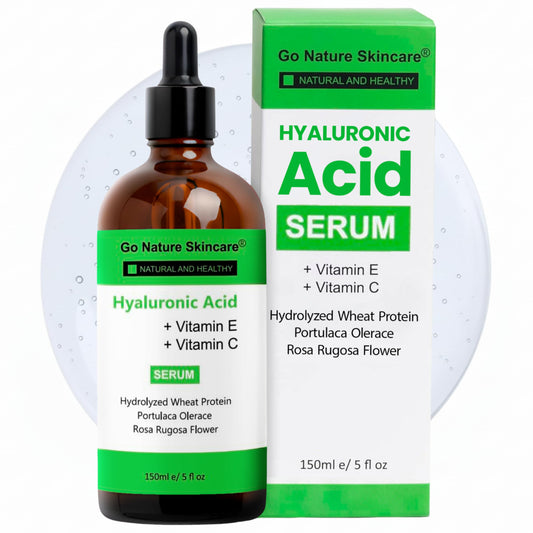 Go Nature Skincare Hyaluronic Serum bottle showing deep hydration for all skin types.