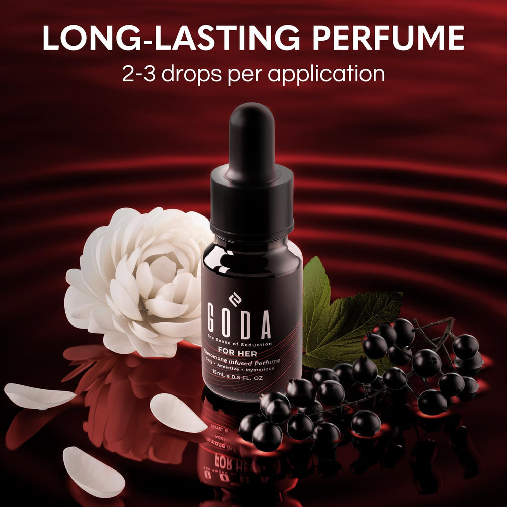GODA Pheromones Perfume on a wrist, jasmine and rose notes highlighted.