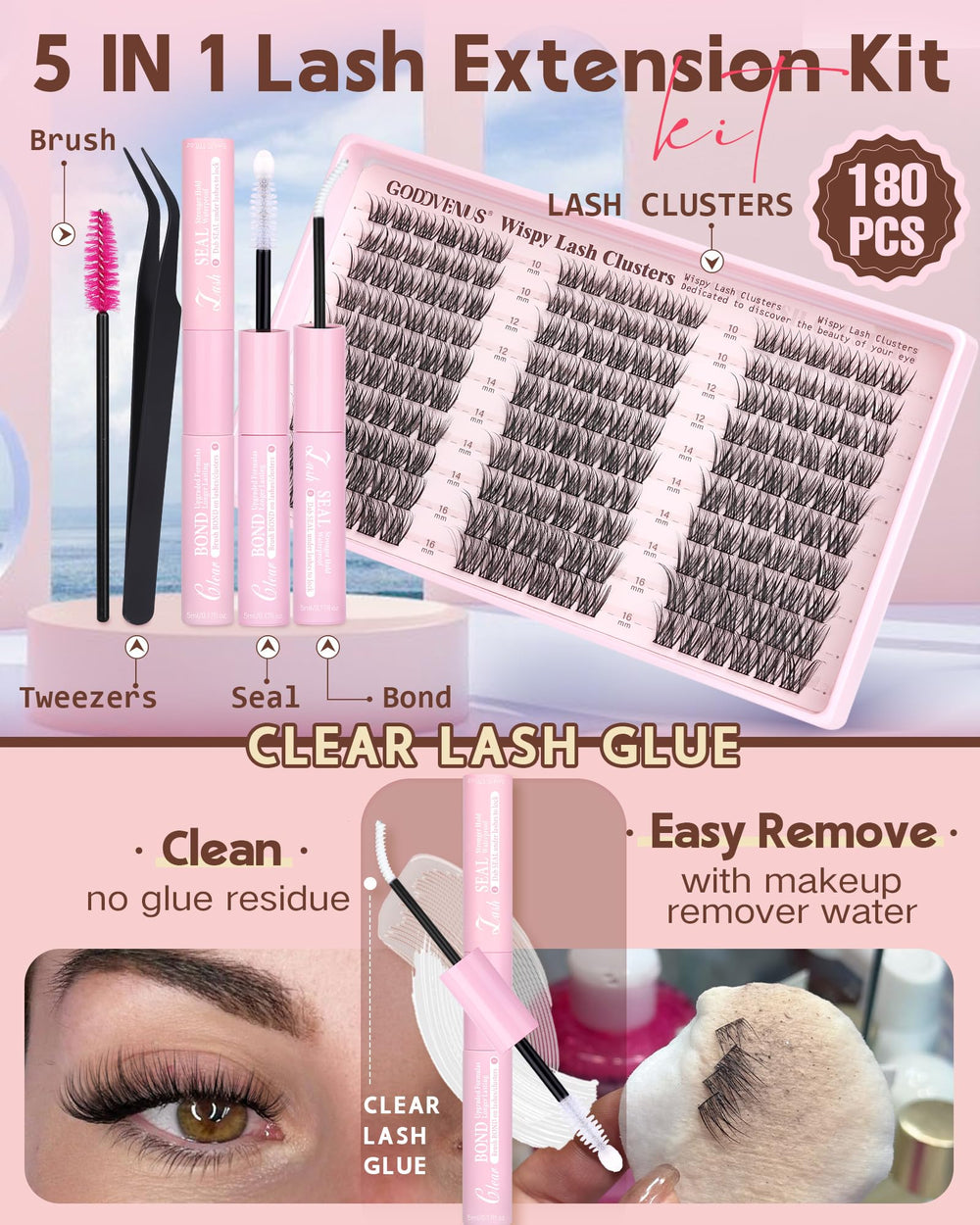 Goddvenus Wispy Lash Clusters Kit lengths from 10 to 16 mm for versatile looks.