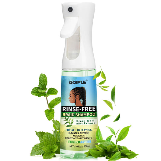 Goiple 10oz rinse-free shampoo bottle pour demonstrates easy, water-free cleansing for braids.