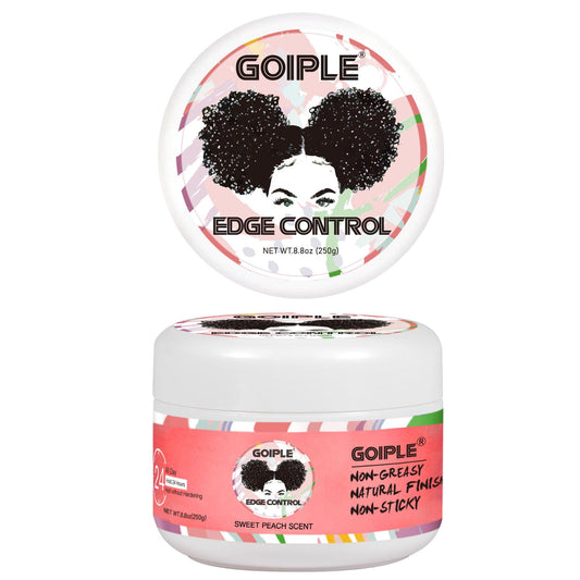 Goiple edge control wax 8oz Sweet Peach smooths edges for an all-day polished look.