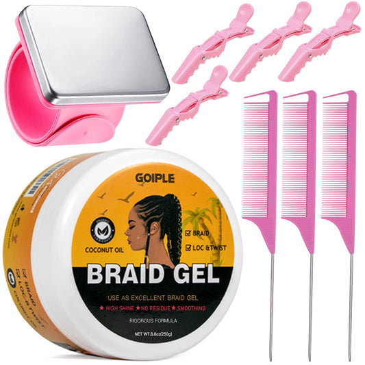 Goiple strong hold braiding gel 8oz for sleek twists with lasting shine.