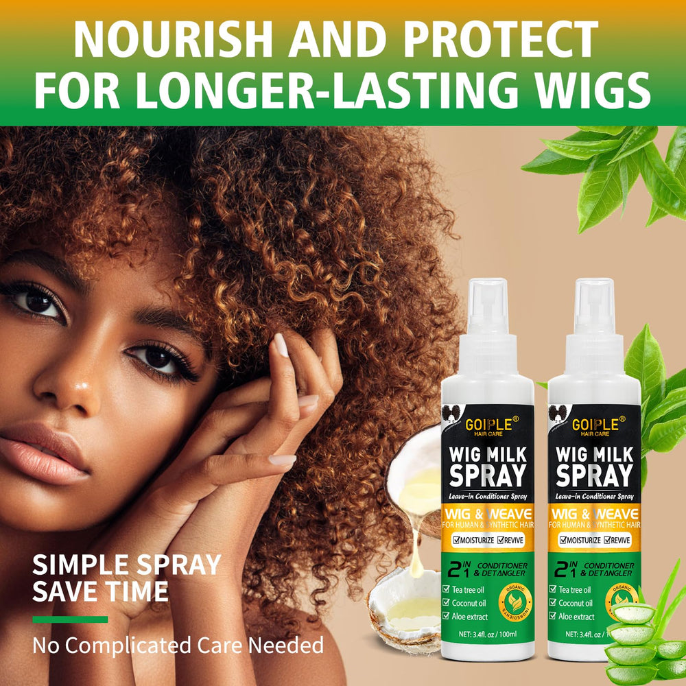 Goiple Wig Milk Spray coconut oil nourishes synthetic strands.