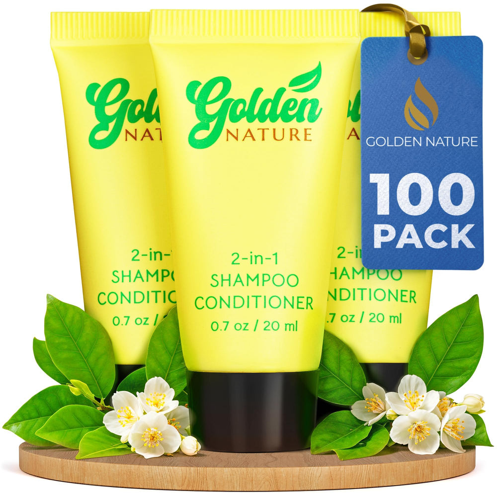 Golden Nature travel-size jasmine shampoo and conditioner bottle for hotel guests.