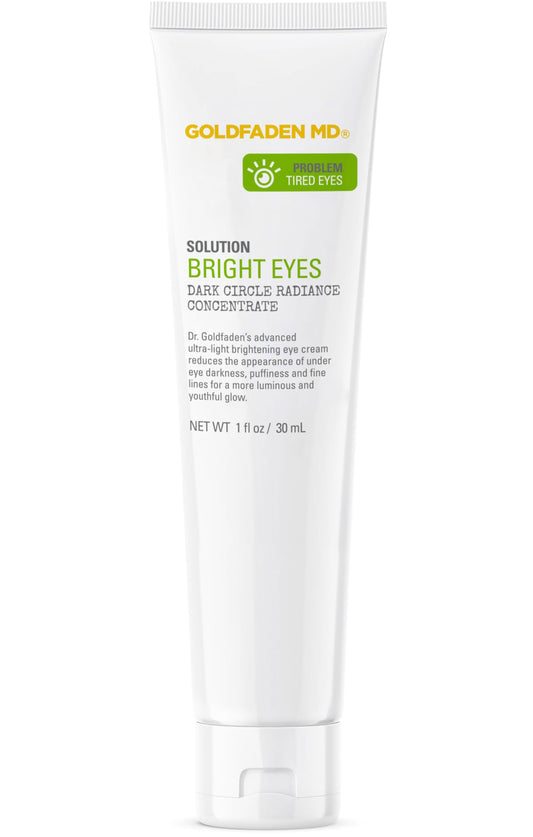 Goldfaden MD Bright Eyes cream tube close-up highlighting hydrating formula for under-eye puffiness.