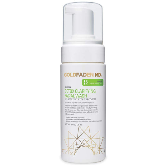 GOLDFADEN MD Detox Clarifying Cleanser bottle showing deep pore cleansing action.