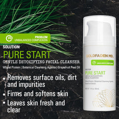 GOLDFADEN MD Pure Start ingredients list highlights plant-based actives for clean, nourished skin.