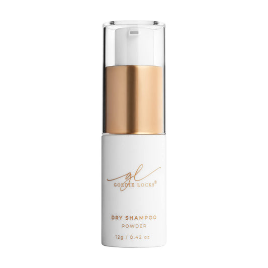 Goldie Locks dry shampoo bottle-pour shows powder release for quick refresh.