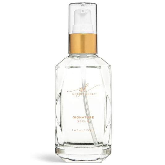 Goldie Locks Signature Serum bottle pump delivers frizz control and lightweight shine.