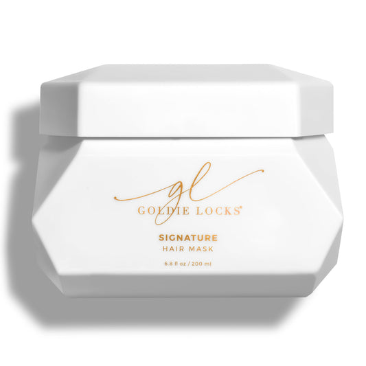 Goldie Locks Ultra Hydrating Hair Mask bottle shows frizz control and deep moisture benefits.