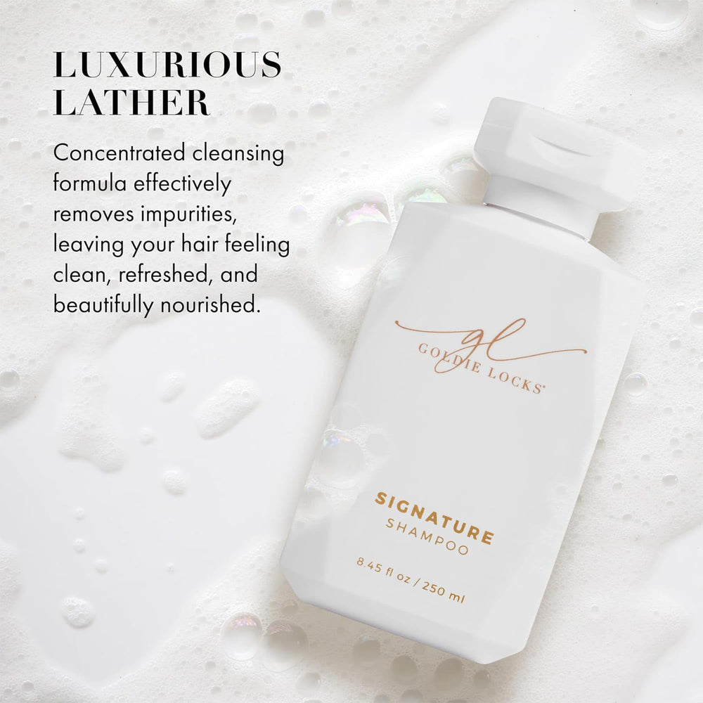 Goldie Locks Ultra Hydrating Shampoo application image suggests even distribution through hair.