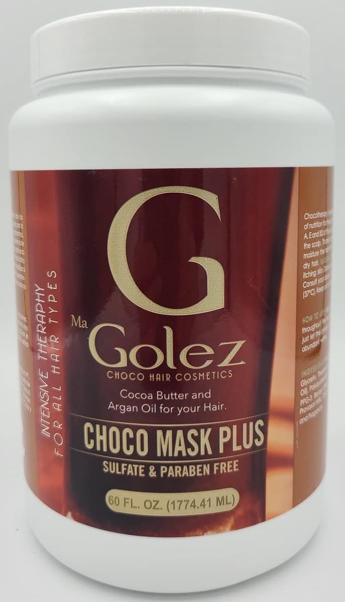 Golez Choco Mask Plus bottle shown, sulfate-free nourishment for all hair types.