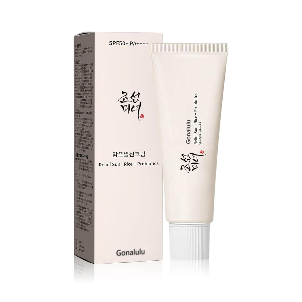 Gonalulu Relief Sun sunscreen bottle with SPF50+ and hydrating formula for all skin types