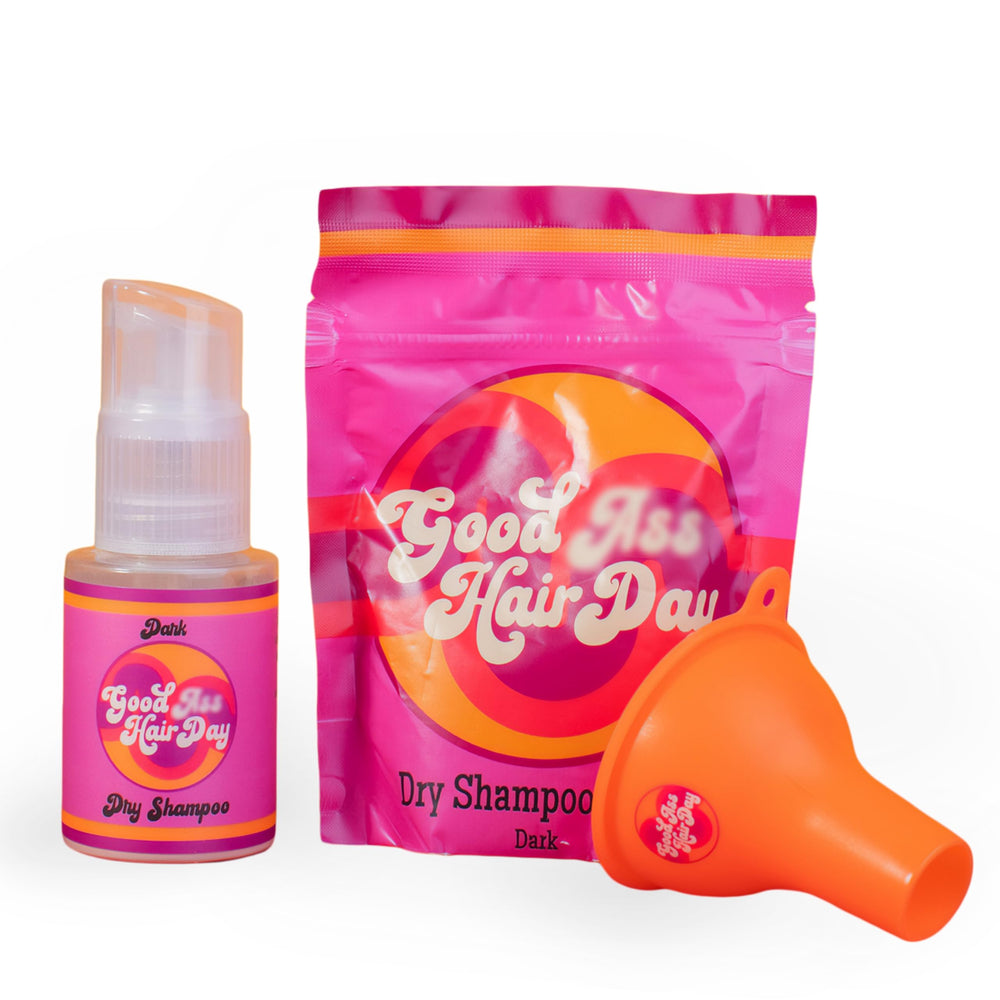 Good Ass Hair Day bottle with powder demonstrates oil absorption for a quick refresh.