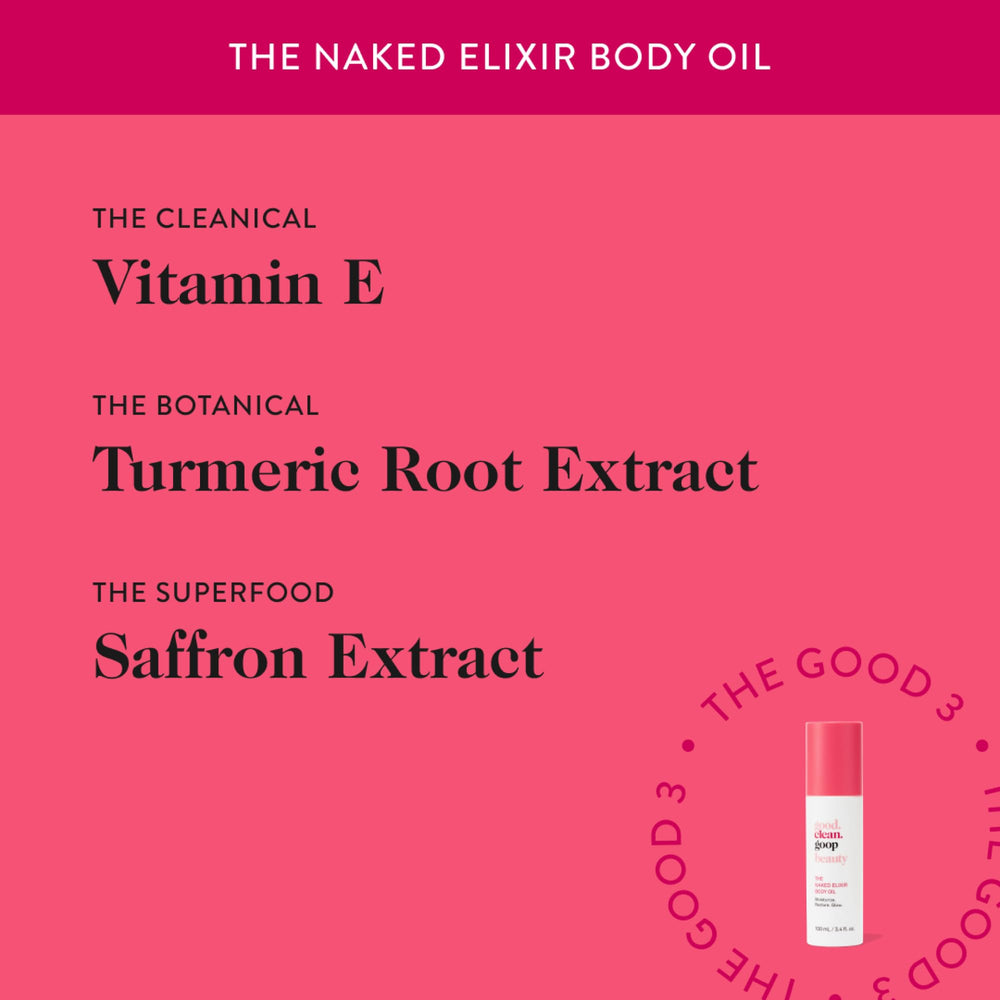 After application, Naked Elixir Body Oil yields a healthy glow and dewy finish.