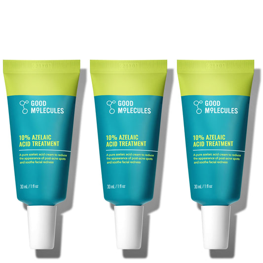 Good Molecules 10% Azelaic Acid Treatment Pack 3 bottle on vanity promotes even skin tone