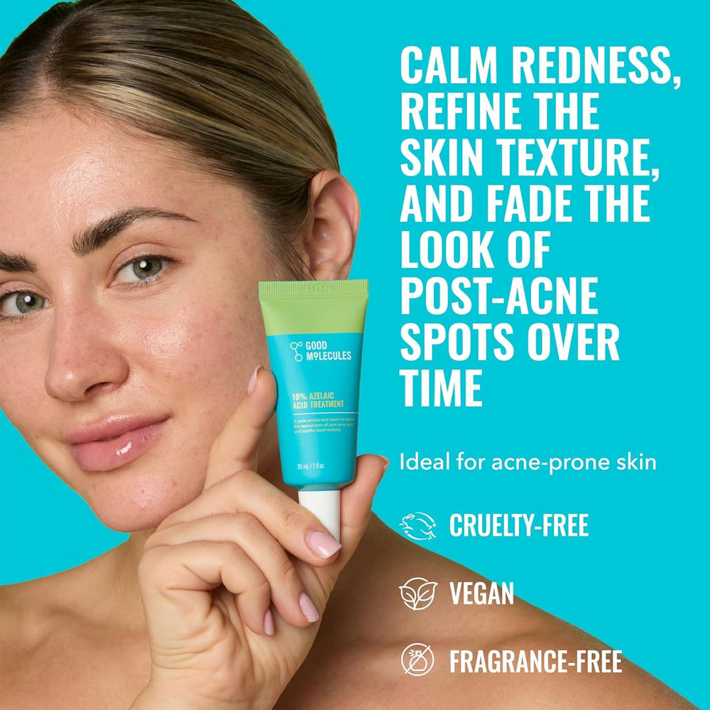 Azelaic acid treatment tube close-up, fragrance-free and pH-balanced for sensitive skin