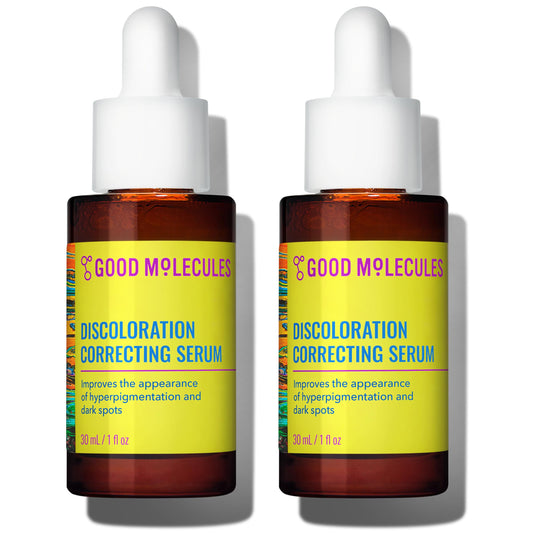 Good Molecules Discoloration Correcting Serum Pack 2 bottle front promotes a brighter, more even complexion.