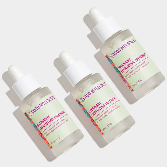 Good Molecules Overnight Exfoliating Pack bottles viewed together, signaling a glowing skin potential