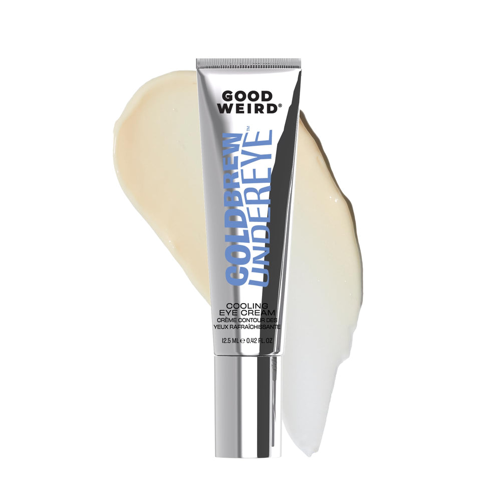 GOOD WEIRD Cold Brew Undereye Serum application close-up showing the cooling wand for a refreshed look.
