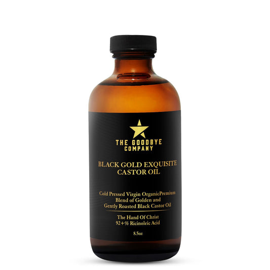 The Goodbye Company Black and Gold Castor Oil Blend bottle for skin and hair nourishment.