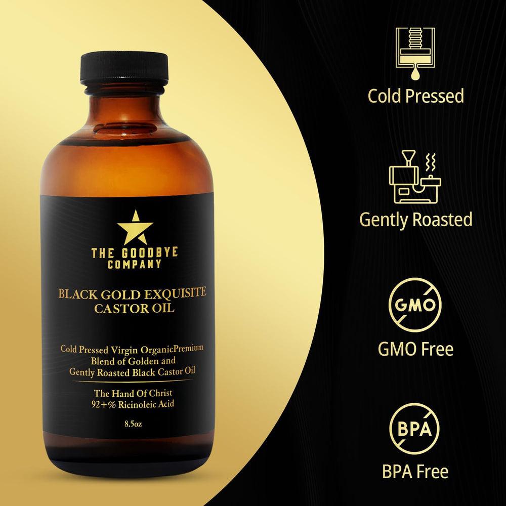 The Goodbye Company castor oil applied to hair strands for nourishment.